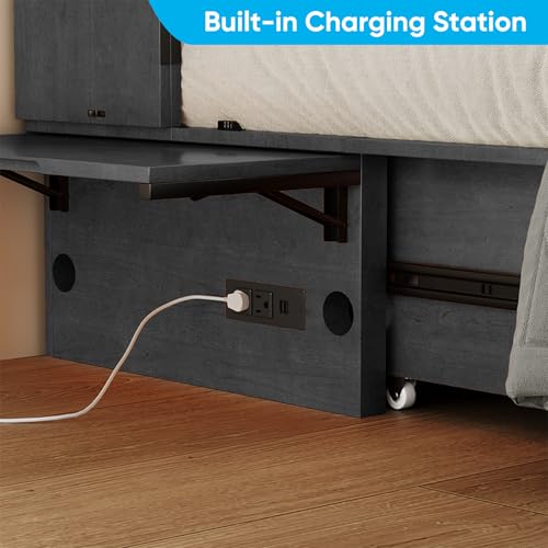 PUREMIND Murphy Bed Queen with Mattress Included - Solid Wood - Hideaway Cabinet Bed with Storage Drawers, USB Charging Ports - Space Saving Wallbed for Home, Guest Room, Gray PUREMIND
