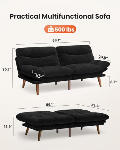 Amada 66" Convertible Futon Sofa Bed, Corduroy Folding Futon Set with Adjustable Backrest &Armrests, Recliner Lounge for Living Room, Apartment or Office, Solid Wood Frame, Loveseat Sofa - Black AMADA HOMEFURNISHING
