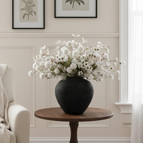 Black Large Round Vase Pottery Look for Home Decor, Arina Black Rustic Iron Vase Modern Farmhouse, Console Table Decor, Earthy Textured Metal Big Black Round Vases for Centerpieces, Jarrones Grandes RyddeligHome