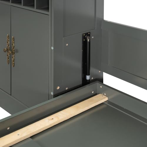 CITYLIGHT Queen Size Murphy Bed with Wine Rack, Storage Cabinet and Shelves, Wooden Wall Bed Frame with Sofa, USB Ports and LED Lights (Gray) CITYLIGHT