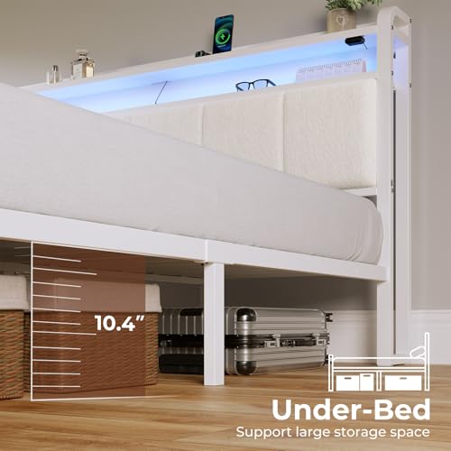 Rolanstar Bed Frame King Size with Charging Station and LED Lights, Upholstered Headboard with Storage Shelves, Heavy Duty Metal Slats, No Box Spring Need, Noise Free, Easy Assembly, White Rolanstar