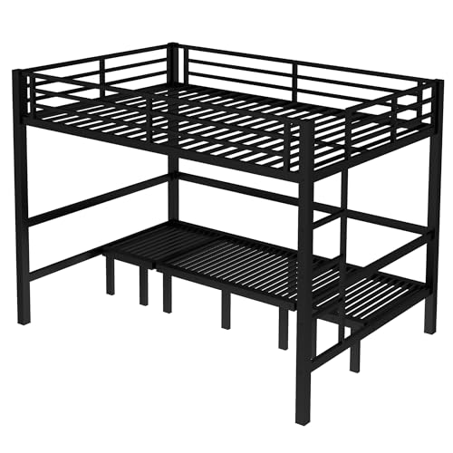 Loft Bed Queen Over Queen Size Pull-Out Metal Bunk Bed for Adults & Teen with U-shaped Sofa, Heavy Duty Bunk Bed Frame lower Bunk Can be Pulled Out in Three Sections, Safety Guard & Ladder (Queen) Astrivia