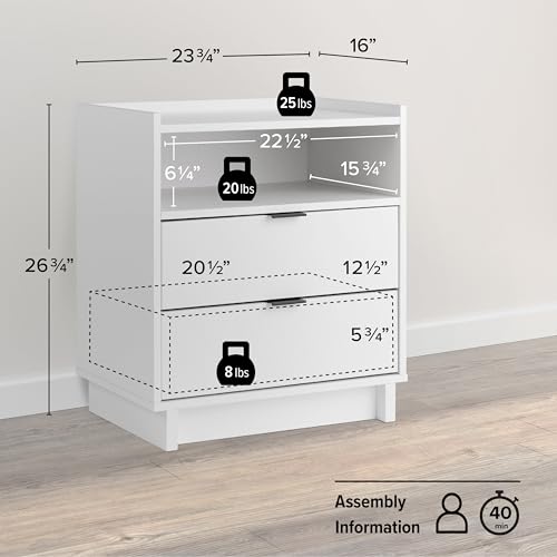 Prepac Simply Modern Nightstand Bedside Table, White Nightstand for Bedroom, End Table with 2 Drawers and Open Shelf 23.75" W x 26.75" H x 16" D Prepac
