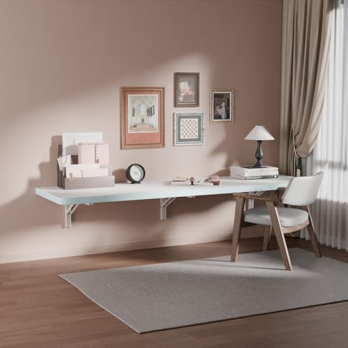 IAE Wall Mounted Folding Table with Pine Wood,55" x 16" Floating Wall Desk,Laundry Folding Table with Shelf Brackets,Fold Down Desk Shelf,Folding Workbench for Home,Dining,Laundry Room,Kitchen,White IAE
