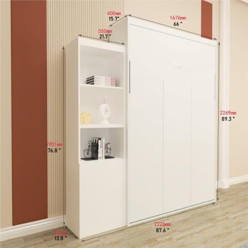 FAVSH Queen Size Murphy Bed Cabinet with Shelf and Hidden Table, Wood Hideaway Beds,Wall Bedframe for Bedroom,Space-Saving, Noise Free, White FAVSH