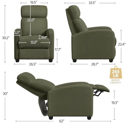 Yaheetech Corduroy Recliner Chair Set of 2, Upholstered Reclining Sofa Chair with Pocket Springs for Living Room, Home Theater Seating with Thicker Seat Cushion, Dark Green