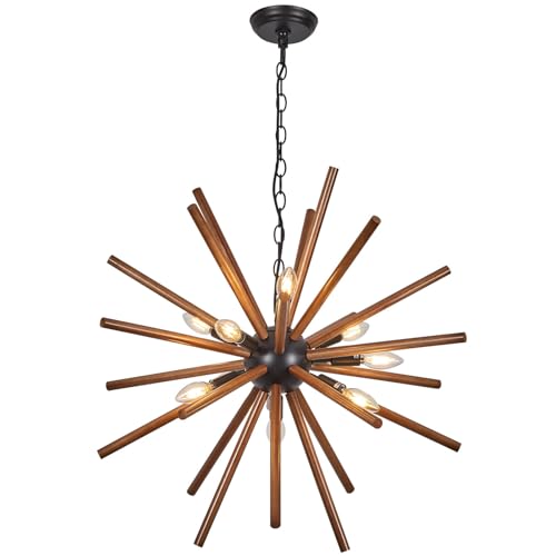 SHENGQINGTOP 9-Light Sputnik Chandeliers 26" Black Farmhouse Wood Pendant Lighting Industrial Globe Ceiling Hanging Light Fixture for Kitchen Dinging Room Living Room Bedroom Entryway Foyer SHENGQINGTOP