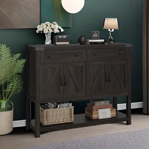 HOSTACK Buffet Sideboard Cabinet with Storage, 47.2" Modern Farmhouse Coffee Bar with 2 Drawers, Barn Door Console Table with Shelf for Kitchen, Dining Room, Living Room, Entryway (Dark Brown) HOSTACK