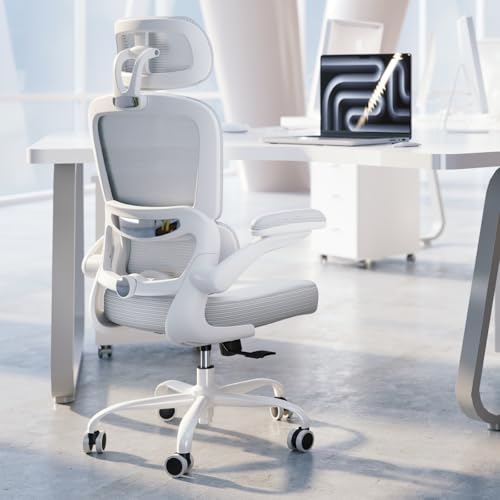 TRALT Ergonomic Office Chair - Desk Chair with Adjustable Headrest Lumbar Support Computer Chair - Mesh Comfy Chair with Flip-up Armrests - Gaming Chairs for Adults Home Office (Leather, White) TRALT