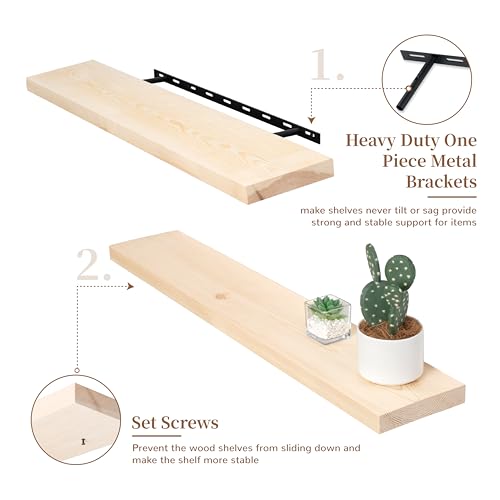 Marsmiles 36 Inch Floating Shelves Wood Unfinished, Natural Wooden Floating Shelves for Wall Set of 2, Solid Wood Wall Mounted Shelves for Bathroom Marsmiles