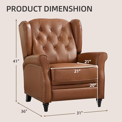 CANMOV Genuine Leather Recliner Chair, Push Back Recliner with Rivet Decoration and Tufted Back, Mid Century Wingback Accent Chair for Living Room, Bedroom, Office, Brown