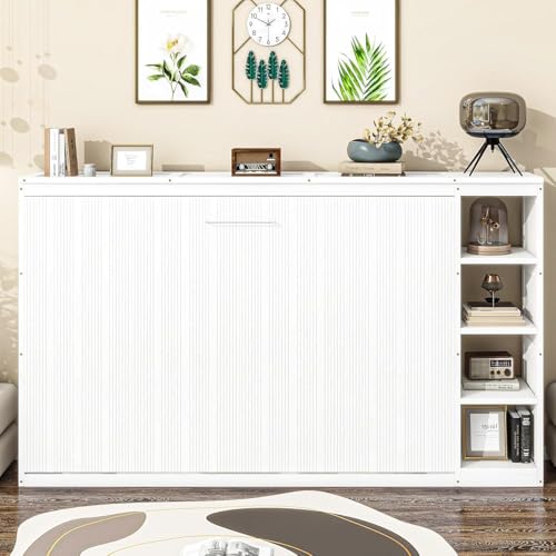 Virubi Full Horizontal Murphy Bed with Storage Shelves,Wood Fold Up Modern Murphy Wall Bed Cabinet with Storage Bookcase for Adults (White,Full) Virubi