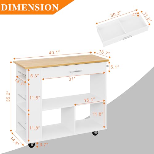 Shintenchi Kitchen Island on Wheels with Storage, Wheeled Island & Cart with 3-Tier Spice Rack, 3 Open Shelves and 1 Drawer, White Shintenchi