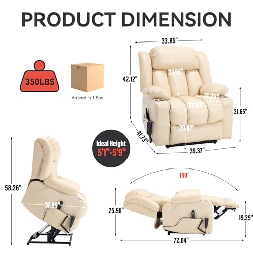 RHHVVR Electric Lift Chair Oversized, Dual Motor Power Lift Recliner Faux Leather Sofa with 8-Point Vibration Massage and Lumbar Heating, Stainless Steel Cup Holders for Elderly, Medium-Firm, Beige RHHVVR