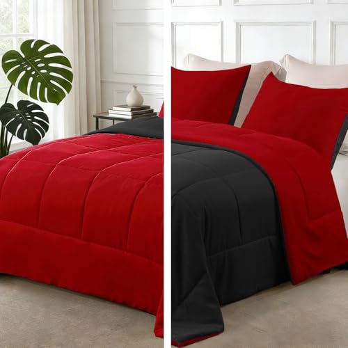 Exclusivo Mezcla Lightweight Reversible Twin Size Comforter Set, Down Alternative Comforter with 1 Pillow Sham, Twin Size Bedding Set for All Seasons, Red/Black Exclusivo Mezcla