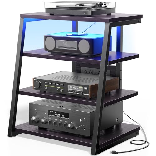 AV Media Stand with Outlets, Stereo Stands and Racks with Vinyl Storage, Stereo Stand with Record Storage, Audio Stereo Rack Cabinet, Turntable Console Stand with LED lights, 4 Tiers, Black Ebony Besiost