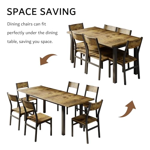 iPormis 7-Piece Dining Table & Chairs Set for 4-6, 63" Extendable Kitchen Table with 6 Chairs, Dining Room Table with MDF Board & Metal Frame, Perfect for Small Space,Easy Assembly, Rustic Brown iPormis