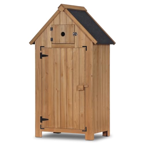 MCombo Outdoor Wood Storage Cabinet, Small Size Garden Cupboard with Door and Shelves, Outside Tools Shed for Patio (30.3"x21.2"x53.9") 0733 (Beige) MCombo