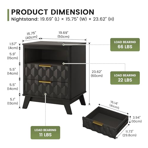 Gurexl 3-Color LED Night Stands Set of 2, Modern Nightstand with Charging Station&Human Body Sensing, 2-Drawer Wood Bedside Table for Bedroom,Black Gurexl