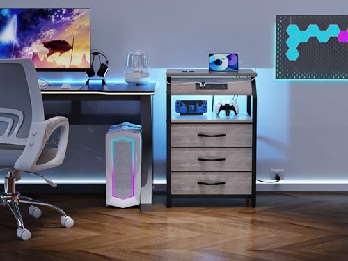 SZLHANJZ Night Stand Set of 2, Nightstands with Charger Station and LED Lights, End Tables Set with 3 Fabric Drawers, Storage Side Tables for Bedside, Living Room, Greige SZLHANJZ