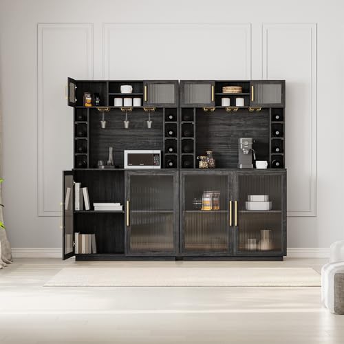BELLEZE Coffee Wine Bar Cabinet with Power Outlet, 72" Rustic Liquor Cabinet, Tall Buffet Cabinet with Storage Kitchen Pantry Cupboard Wine& Glasses Rack Server with Hutch for Home Dining Room, Ebony BELLEZE