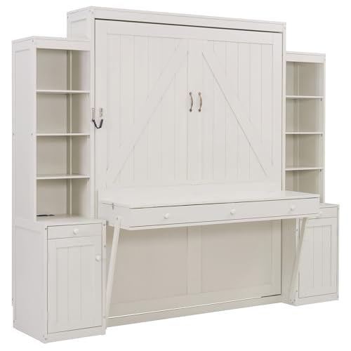 Brabrety Queen Size Murphy Bed with Desk & Storage, Space-Saving Wood Wall Bed with Drawers,for Apartments Bedroom Home Office Studio (White#B, Queen) Brabrety