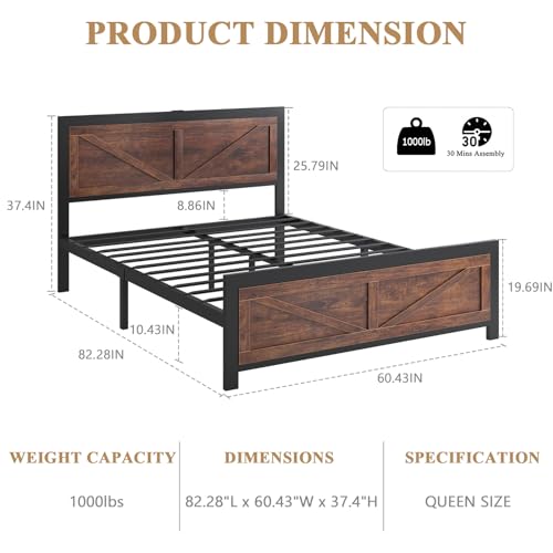 DOGIBIXO Led Bed Frame Queen Size with USB Charging Station, Industrial Platform Bed Frame with Farmhouse Barn Door Headboard, Strong Metal Slats Support, Noise Free, No Box Spring Needed, Brown DOGIBIXO