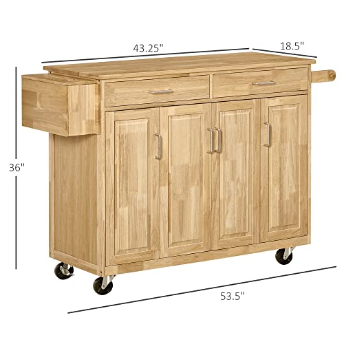HOMCOM Kitchen Island on Wheels, Natural Hardwood Kitchen Cart with Drawers, Storage Cabinets, and Tool Caddy, Microwave Cart for Dining Room, 54 Inches Wide HOMCOM