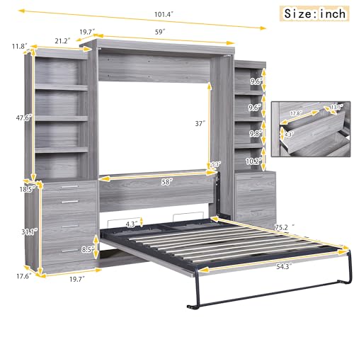 Merax Full Size Murphy Bed with Storage Shelves and Drawers, Full Size Murphy Bed Cabinet, Wood Wall Hidden Beds for Teens or Adults, No Box Spring Needed, Gray Merax