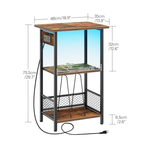 HOOBRO Record Player Stand with Charging Station and LED, Turntable Stand with Storage, 3 Tier End Table Hold Up to 100 Albums, Record Table for Vinyl, Living Room, Rustic Brown and Black BF06UDRS01 HOOBRO