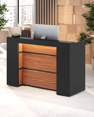 LITTLE TREE 63 Inches Reception Desk, Modern Reception Table with LED Light, Front Counter Desk, Wooden Checkout Counter for Lobbies, Salons, Retail, Home Offices, Reception Room, Black & Brown LITTLE TREE