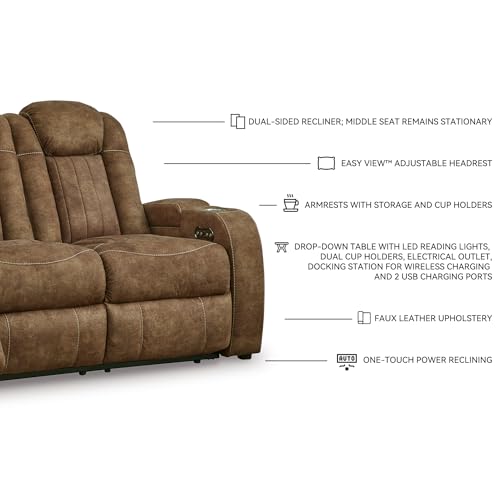 Signature Design by Ashley Wolfridge Contemporary Faux Leather Power Reclining Sofa with Drop Down Table, LED Lights, Electrical Outlet, Wireless Charging, USB Ports and Cup Holders, Light Brown Signature Design by Ashley