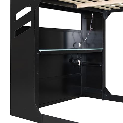 Tdewlye Unique Full Size Wood Gaming Loft Bed with Height-Adjustable Desk,Drawers,Storage Compartments,Hanging Rod and RGB Lights,for Kids Teens Adults Bedroom Use (Blue#RGB, Full) Tdewlye