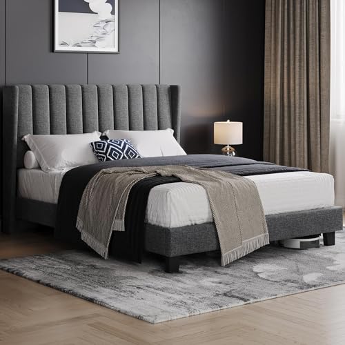 Yaheetech Dark Gray Upholstered Full Bed Frame with Wing Design and Wooden Slats Yaheetech