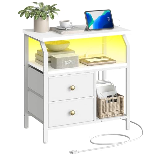 HOOBRO 23 inch Wide Nightstand with Charging Station and LED Light, Night Stand with 2 Fabric Drawers, Bedside Table, Dresser with Open Storage Shelf, End Side Table for Bedroom, White WT160UDBZ01 HOOBRO
