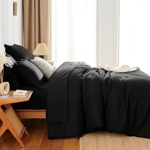 HIMEET Queen Comforter Set - 7 Pieces Bed in a Bag Queen Size, Luxury Comforter Set with Sheets for All Season, Bed Set with Comforter, Flat Sheet, Fitted Sheet, Pillowcases & Shams, Black HIMEET