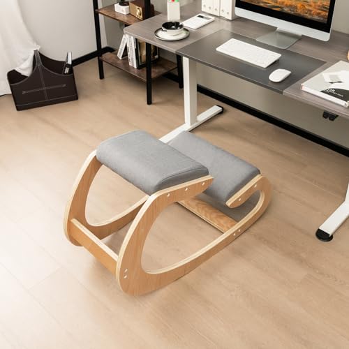 Giantex Ergonomic Kneeling Chair, Posture Chair for Desk with Cushion, Solid Wood Frame, Max Load 330 Lbs, Comfortable Ergo Rocking Kneel Chair for Office Home Study (Gray) Giantex