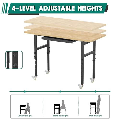 Adjustable Heavy Duty Workbench with Drawers, Metal Wheels Wood Top Working Table, 2500 LBS Load Capacity with for Workshop and Office,etc. DUSACOM