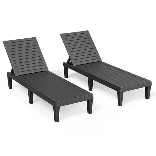 NBYSGO Outdoor Lounge Chairs Set of 2, 5-Position Adjustable Tanning Chairs with Wood Grain, All-Weather Resin Patio Recliners for Pool, Garden, Deck, Beach, Patio Lounge Chairs, Texture Black