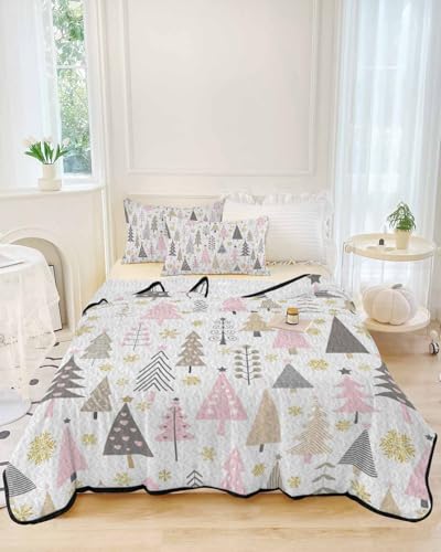 Christmas Pink Tree Quilt Full Queen Bedding Set, Contemporary Minimalist Grey Lightweight Summer Quilt with Pillow Shams 3 Pieces Microfiber Soft Quilt Set Bedspread Coverlet for All Seasons Onekaccu