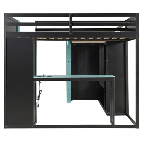 MERITLINE Twin Size L-Shaped Loft Bed with USB Ports and Desk for Boys, Gaming Loft Bed with LED Lights, Storage Shelves and TV Stand for Teens Adults, Reversible Layout, No Box Spring Needed, Blue MERITLINE