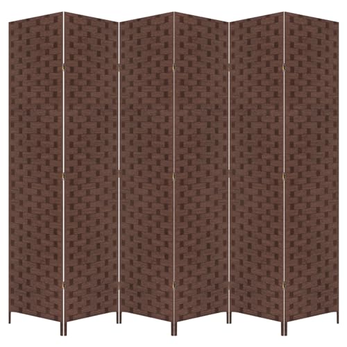 6 Panel Folding Portable Partition Screen ,71”high, Room Divider Wood Screen with Bamboo Mesh Woven Design Room Dividers Privacy Screens Dividers for Home Office Restaurant Bedroom, Brown RROCOSIA