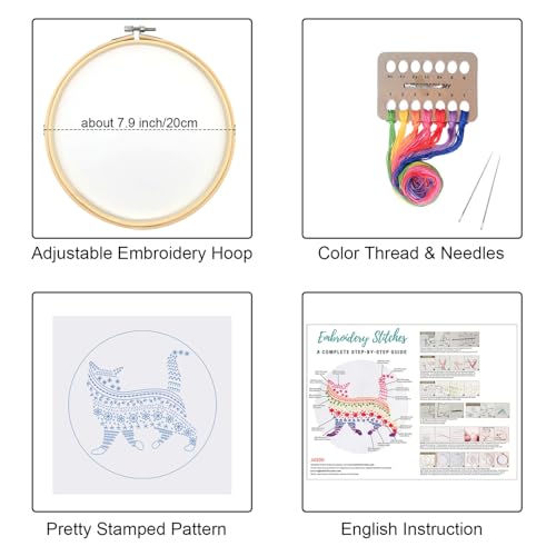 Louise Maelys Embroidery Kits for Beginners Adults,Cat Stamped Pattern Practice for Starters,Cross Stitch Kit Including Hoop,Cloth,Needles, Instruction and Threads
