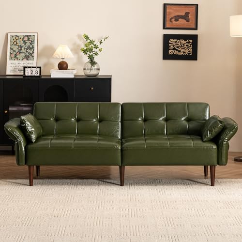 HALLYBEE Futon Sofa Bed, Sleeper Sofa, Small Couch with Storage Adjustable Armrests Pillows, Faux Leather Loveseat, Mid Century Modern Couches for Living Room, Bedroom, Apartment, Olive Green HALLYBEE