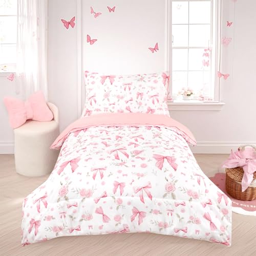 Jundetye Toddler Bedding Set for Girls 4 Pieces Pink Rose, Soft Breathable Toddler Comforter Set, Bow Flower Print, Includes Reversible Comforter, Fitted Sheet and Flat Sheet, Pillowcase Jundetye