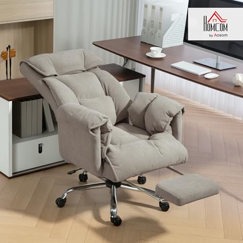 HOMCOM Executive Office Chair Comfy with Foot Rest, Reclining Swivel Computer Desk Chair with High Back, Thick Cushion, Padded Armrest, Adjustable Height, Rolling Wheels, Light Taupe Gray HOMCOM