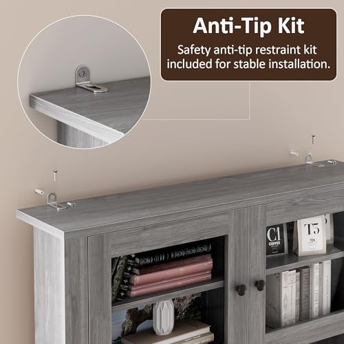 IDEALHOUSE 63" Kitchen Pantry Cabinet with Drawers, Hutch Cabinet with Storage, Microwave Stand, Adjustable Shelves, Freestanding Tall Pantry Storage for Dining Room, Living Room, Grey IDEALHOUSE