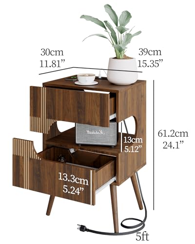 JOONEE Nightstand with Charging Station and LED Lights,Modern Bedside Table with 2 Storage Drawer,Night Stand with Solid Wood Legs,White (Walnut Brown) JOONEE