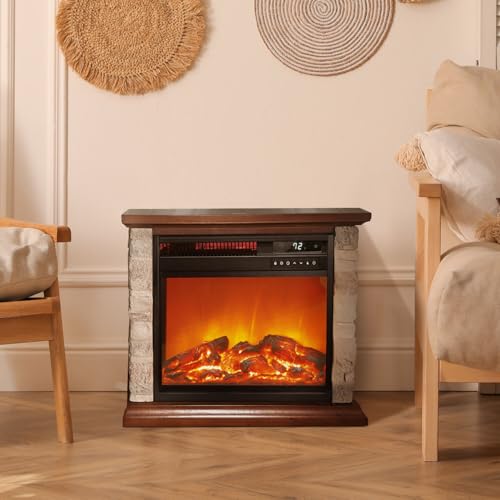 Lifesmart 3-Quartz 5,118 BTU Infrared Faux Stone Fireplace with Log Insert and Realistic Flame, Fireplace Heater with Remote Control for Bedroom, Living Room LifeSmart