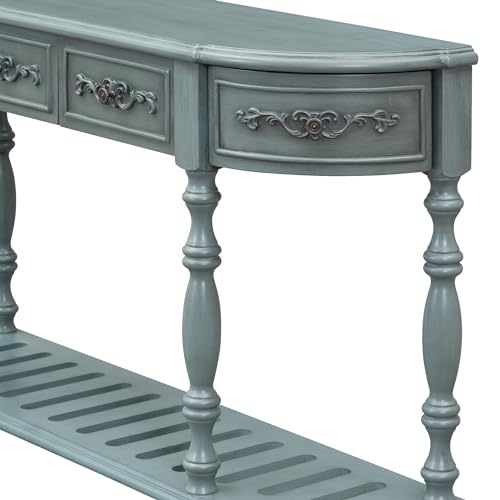Amposei Retro Wood Curved Console Table 52-Inch Half Moon Hall Sofa Table Entryway Table with Drawers & Shelf for Living Room Home Furniture (Antique Blue) Amposei